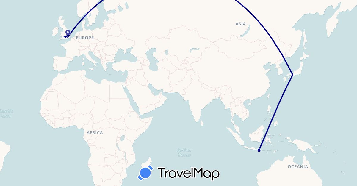 TravelMap itinerary: driving in United Kingdom, Indonesia, Japan (Asia, Europe)